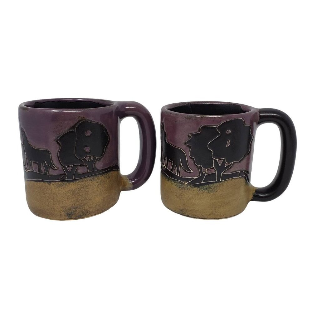Design by MARA 2 Mugs Mexican Pottery Wolf Wolves Coyotes Brown Plains Cup